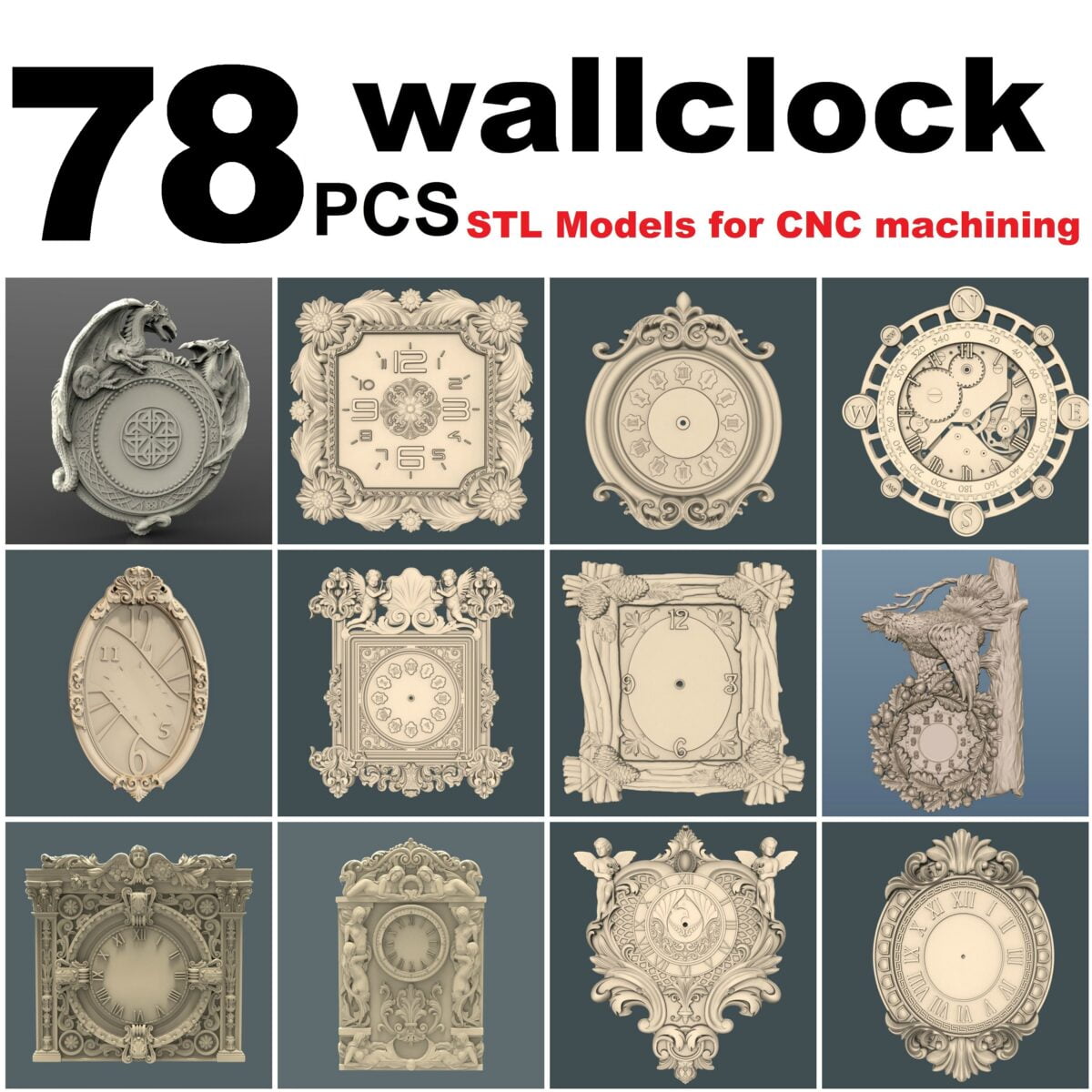 40 pcs Wall clock models STL files set # 2 Model for CNC Router Machine 