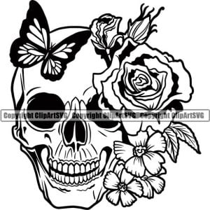 Skull Roses Tattoo Female Woman Design Art Logo SVG PNG Clipart Vector Cut File